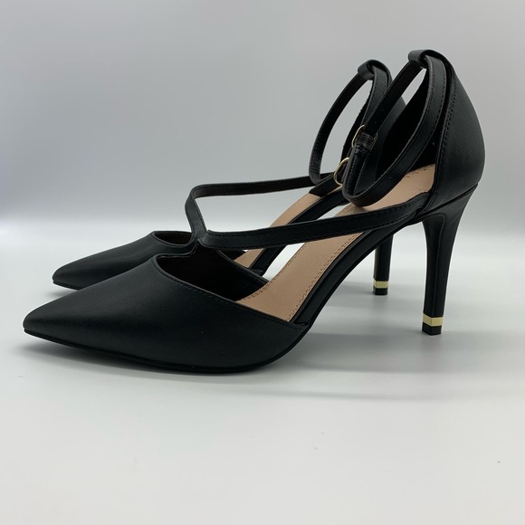 Kelly & Katie Pointed Toe Black Strappy Black Pumps With Gold Trim Heel Sz 10M - Picture 3 of 12
